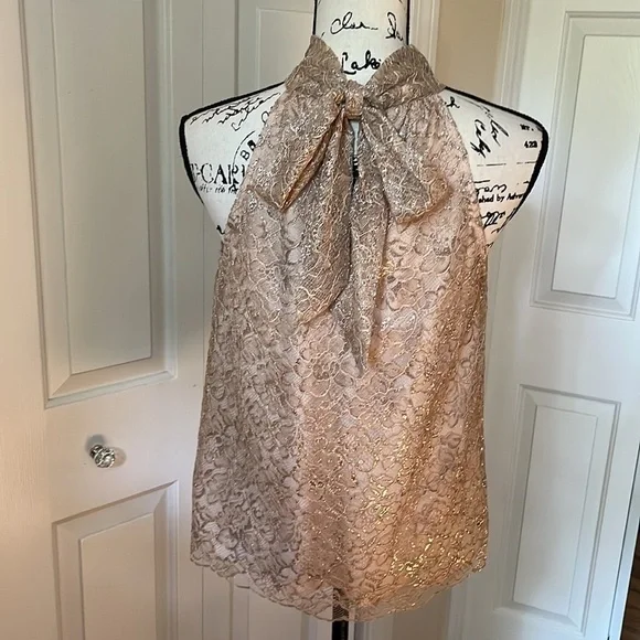 J.Crew Tie Neck Top In cream with Metallic gold Lace Blouse sz Small - Picture 6 of 11